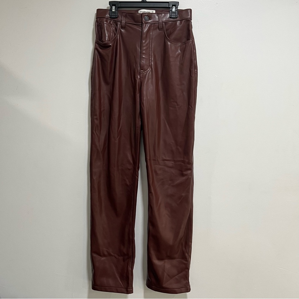 Abercrombie & Fitch Vegan Leather 90s Straight Pants Burgundy Size 4 - Picture 2 of 10